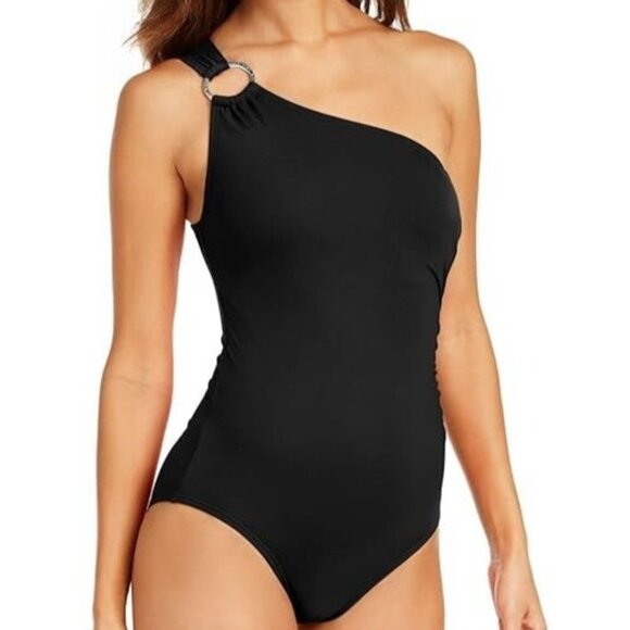 Michael Kors Embellished One-Shoulder Underwire One-Piece Swimsuit Black Size 12 - Picture 1 of 11